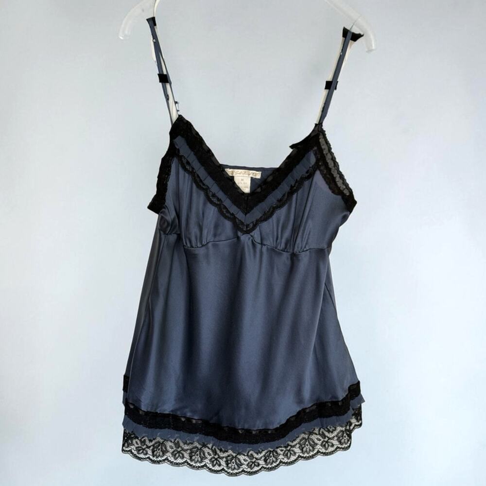 Gold Hawk blue and black lace 100% silk baby doll cami top fairy Indie size M